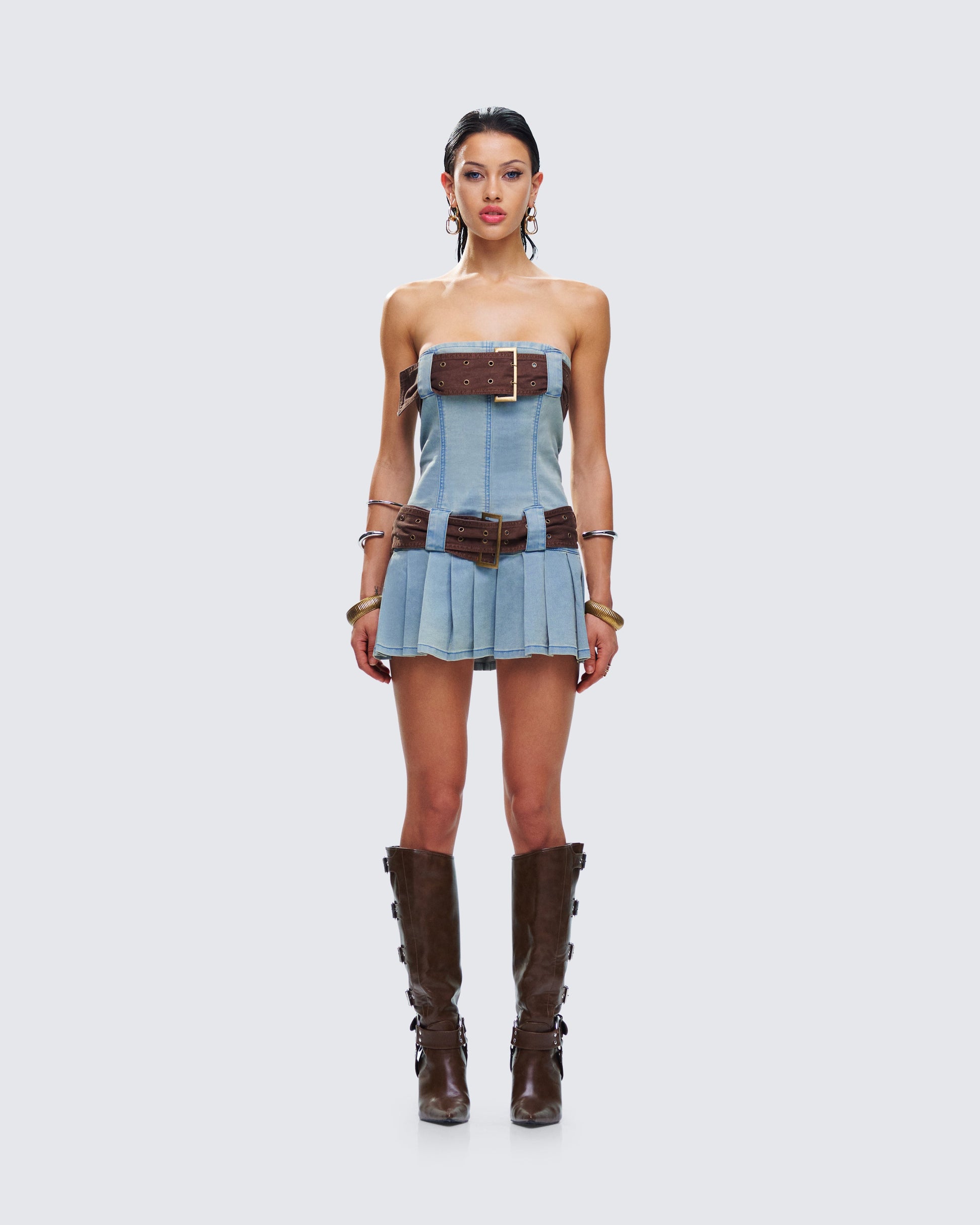 Cambry Blue Pleated Denim Dress model front