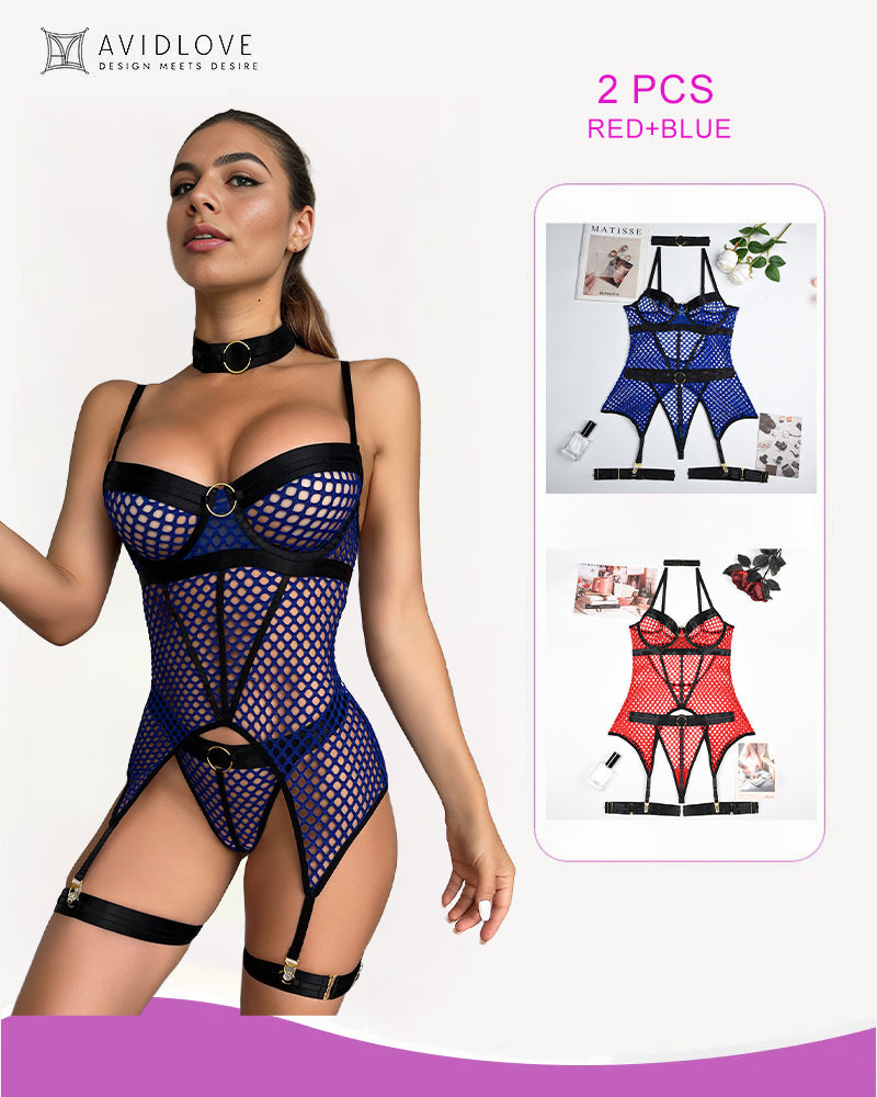 Blue fishnet corset bustier lingerie, black accents, showing confidence. Includes red option, 2 PCS.