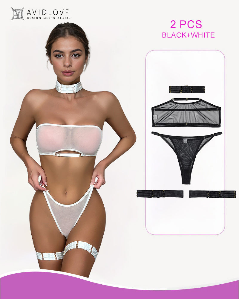 White and black sheer mesh lingerie set with bra, thong, garter belt, and choker. Sexy lingerie.