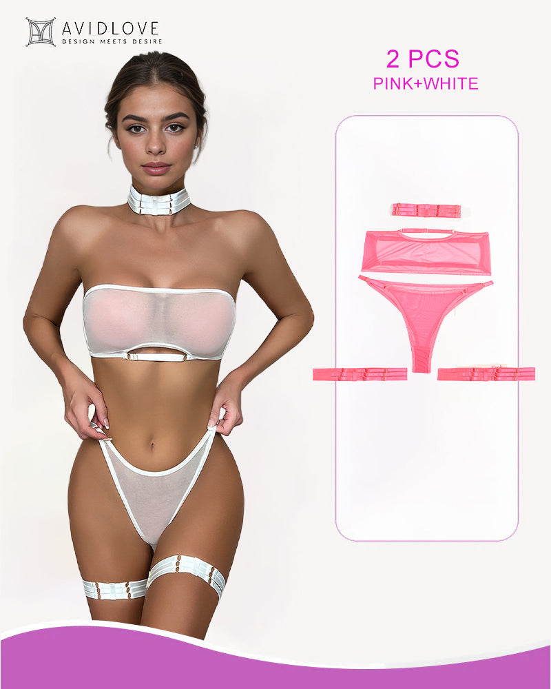 White sheer mesh lingerie set with choker and garter belt, plus pink set. Sexy lingerie, Avidlove.