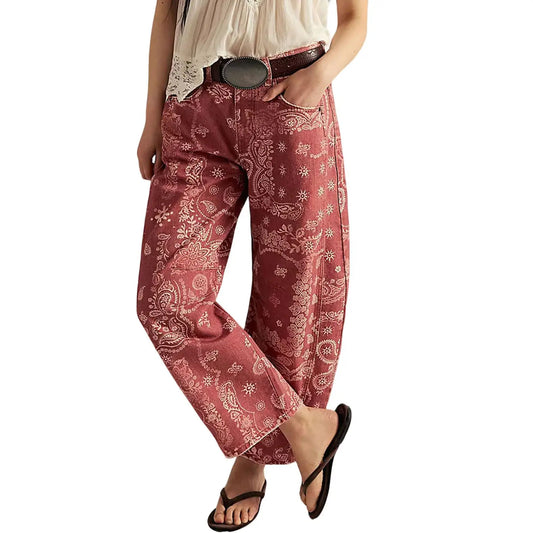 CHOUYATOU Women's Printed Wide-Leg Jeans Y2k Loose Mid-Rise Jeans in Soft Pink with Boho Floral Pattern Casual Denim Trousers - Seldom Seen Styles