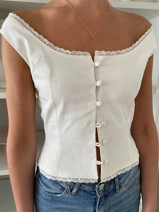 Women's Off Shoulder Lace Trim Corset Top Button Front Slim Fit White Crop Top - Seldom Seen Styles