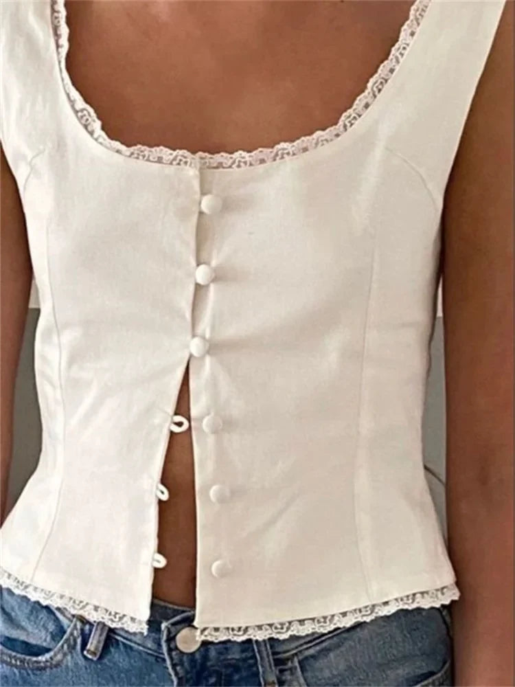 Women's Off Shoulder Lace Trim Corset Top Button Front Slim Fit White Crop Top - Seldom Seen Styles