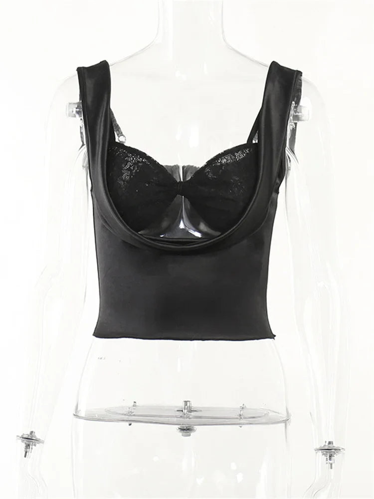 Women's Satin Lace Crop Top Spaghetti Strap Backless Y2K Going Out Tank Top - Seldom Seen Styles