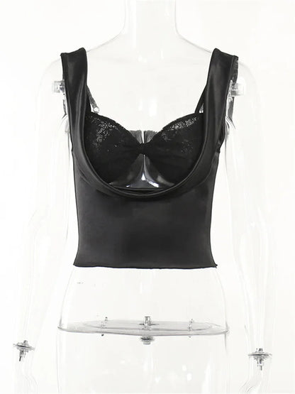 Women's Satin Lace Crop Top Spaghetti Strap Backless Y2K Going Out Tank Top