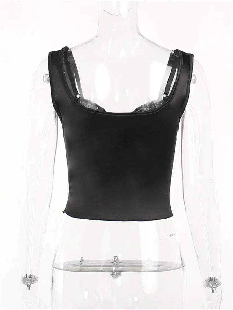 Women's Satin Lace Crop Top Spaghetti Strap Backless Y2K Going Out Tank Top - Seldom Seen Styles