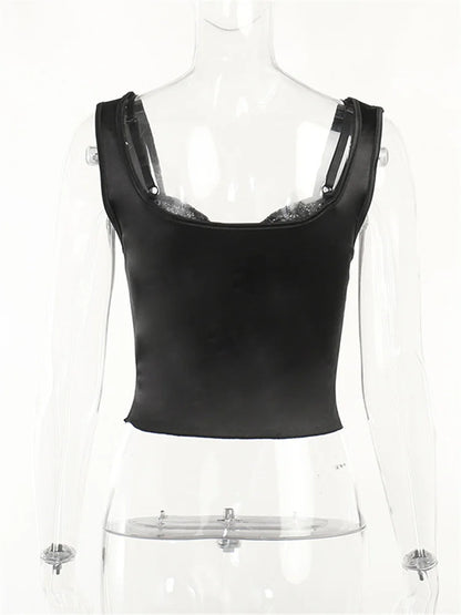 Women's Satin Lace Crop Top Spaghetti Strap Backless Y2K Going Out Tank Top