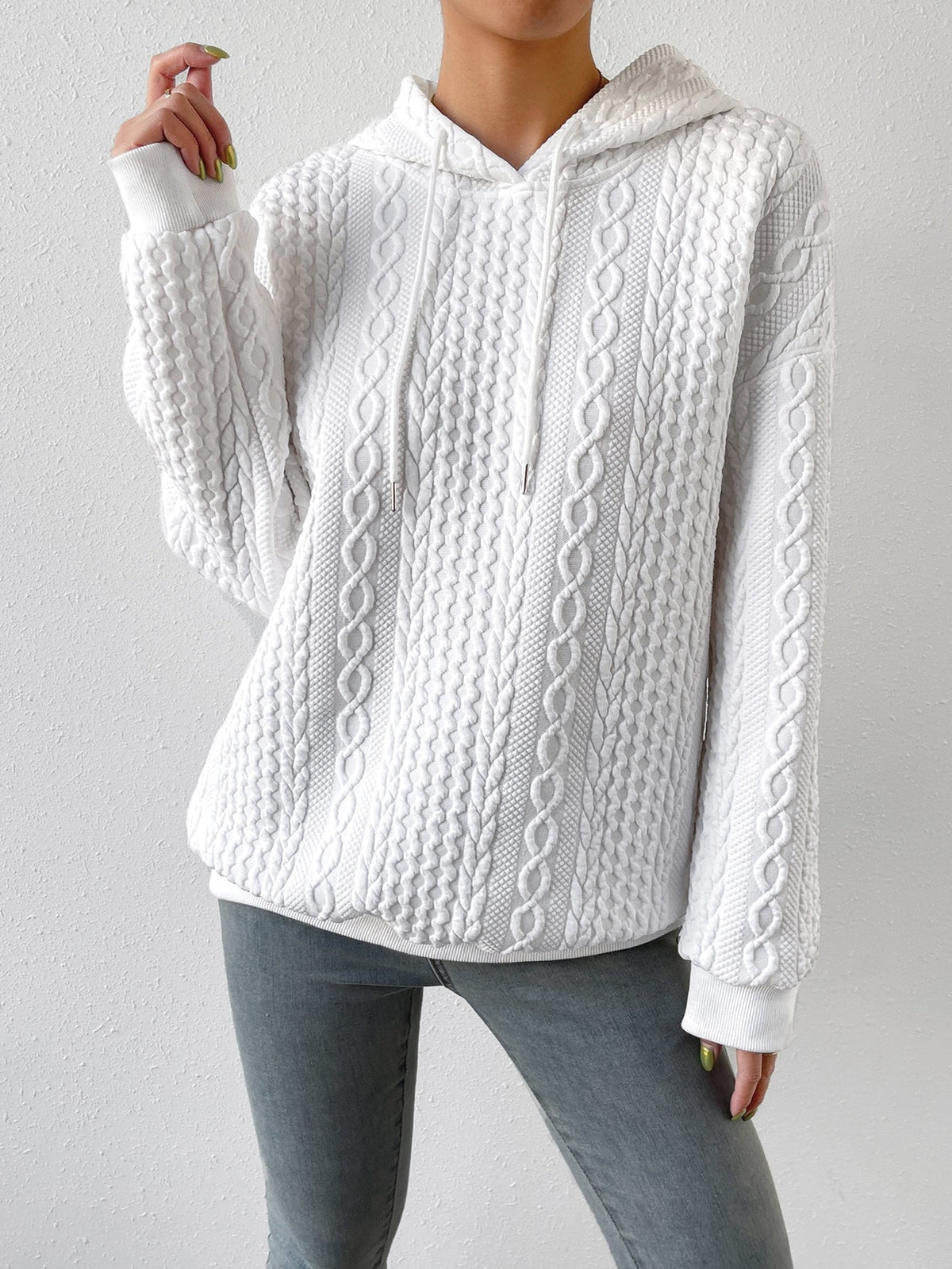 Cable Textured Drop Shoulder Drawstring Hoodie - Seldom Seen Styles