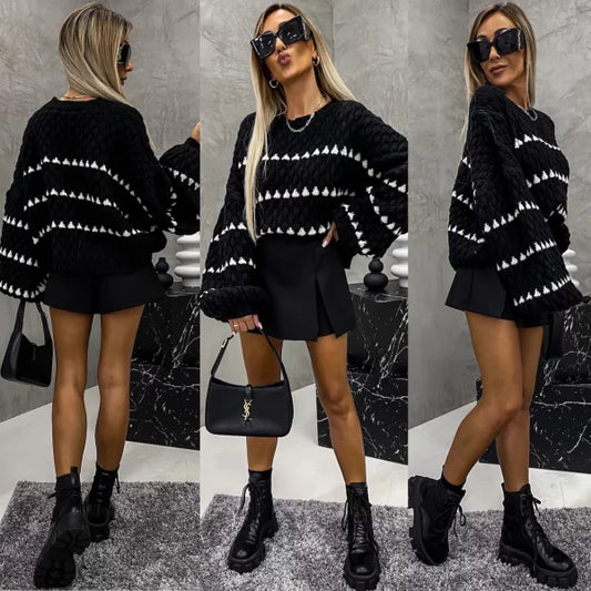 Cable striped crew neck pullover - Seldom Seen Styles
