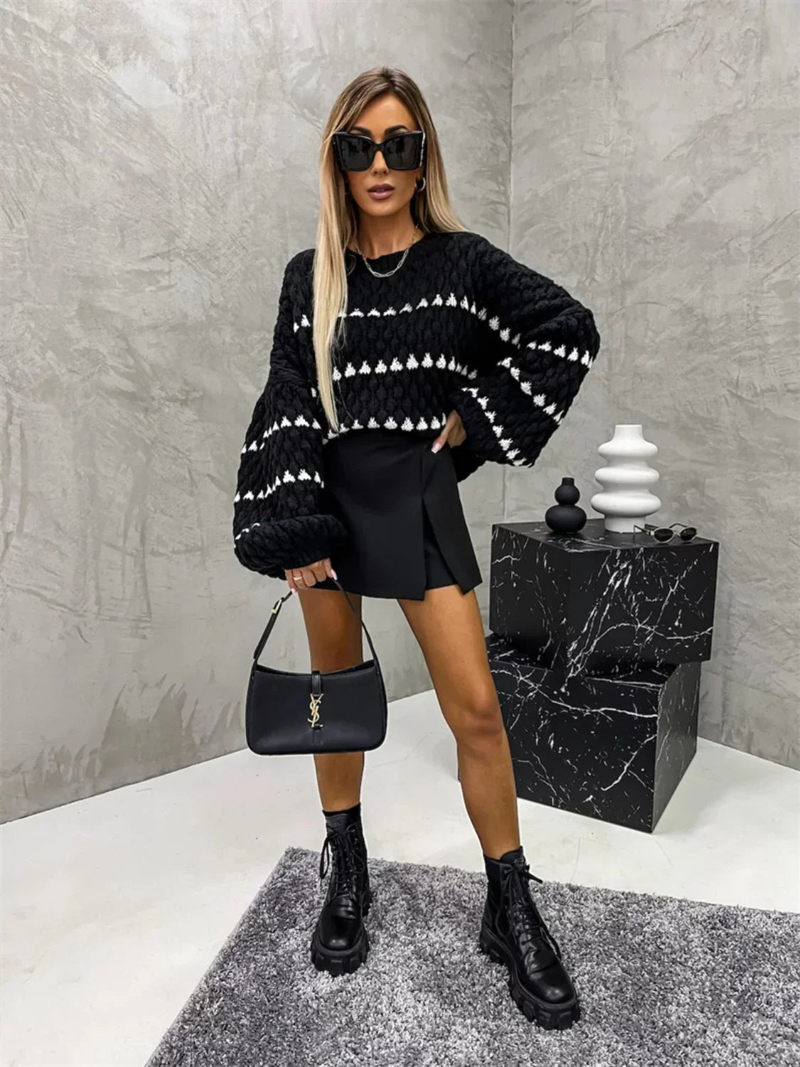 Cable striped crew neck pullover - Seldom Seen Styles