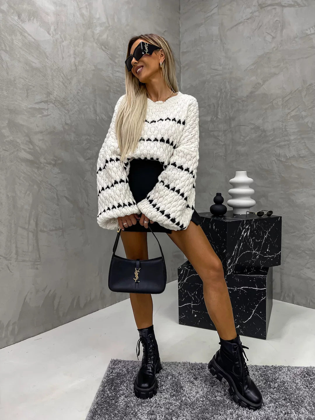 Cable striped crew neck pullover - Seldom Seen Styles