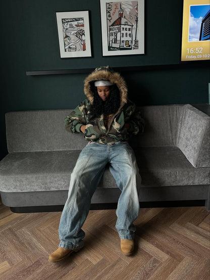 Camouflage Fur Collar Reversible Cotton Jacket - 2499