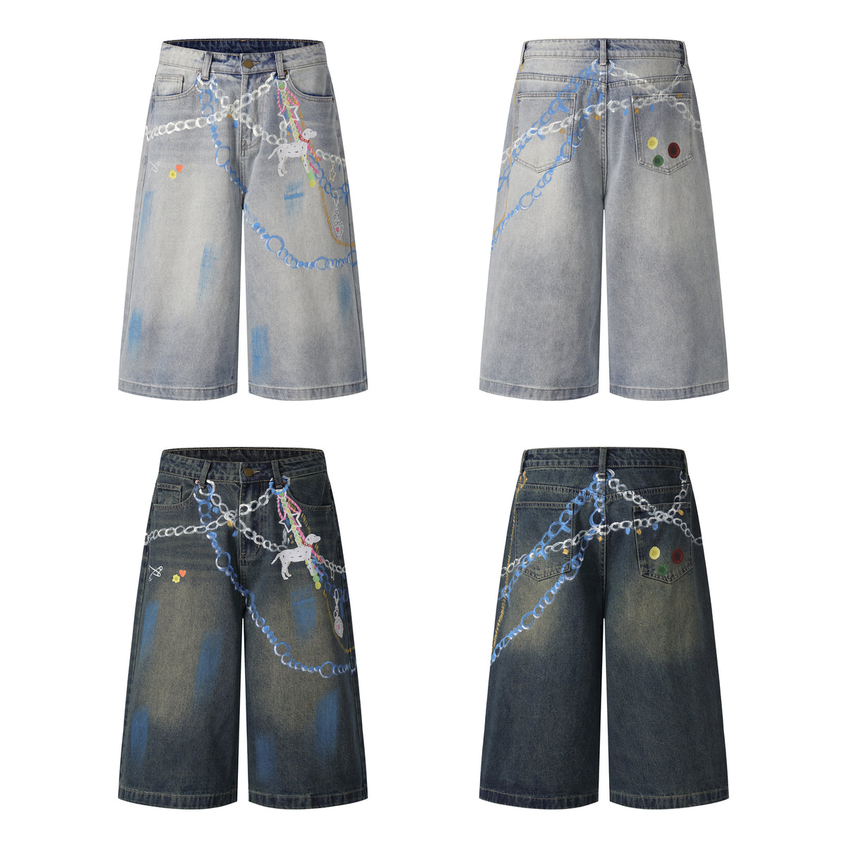 Candrala Cartoon Dog & Chain Print Baggy Jorts - Seldom Seen Styles