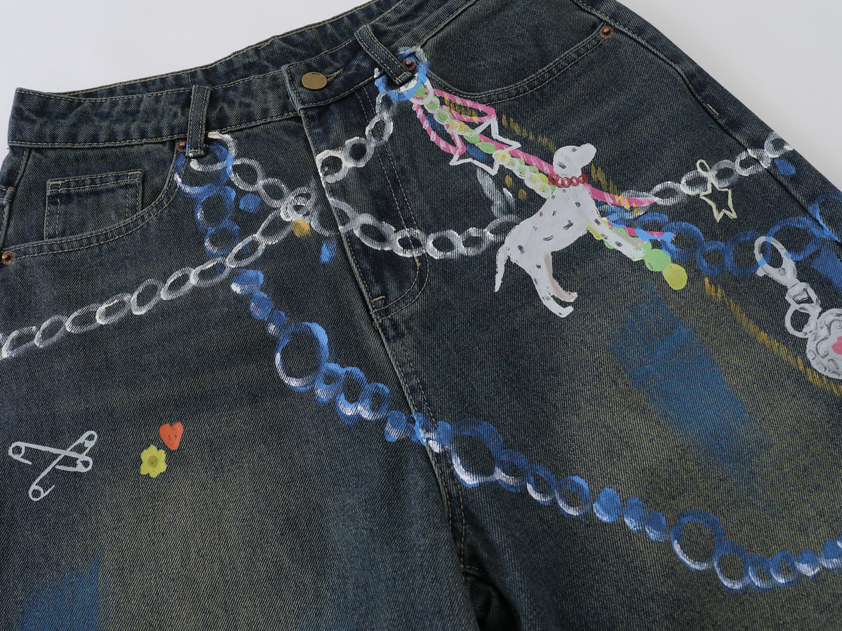 Candrala Cartoon Dog & Chain Print Baggy Jorts - Seldom Seen Styles