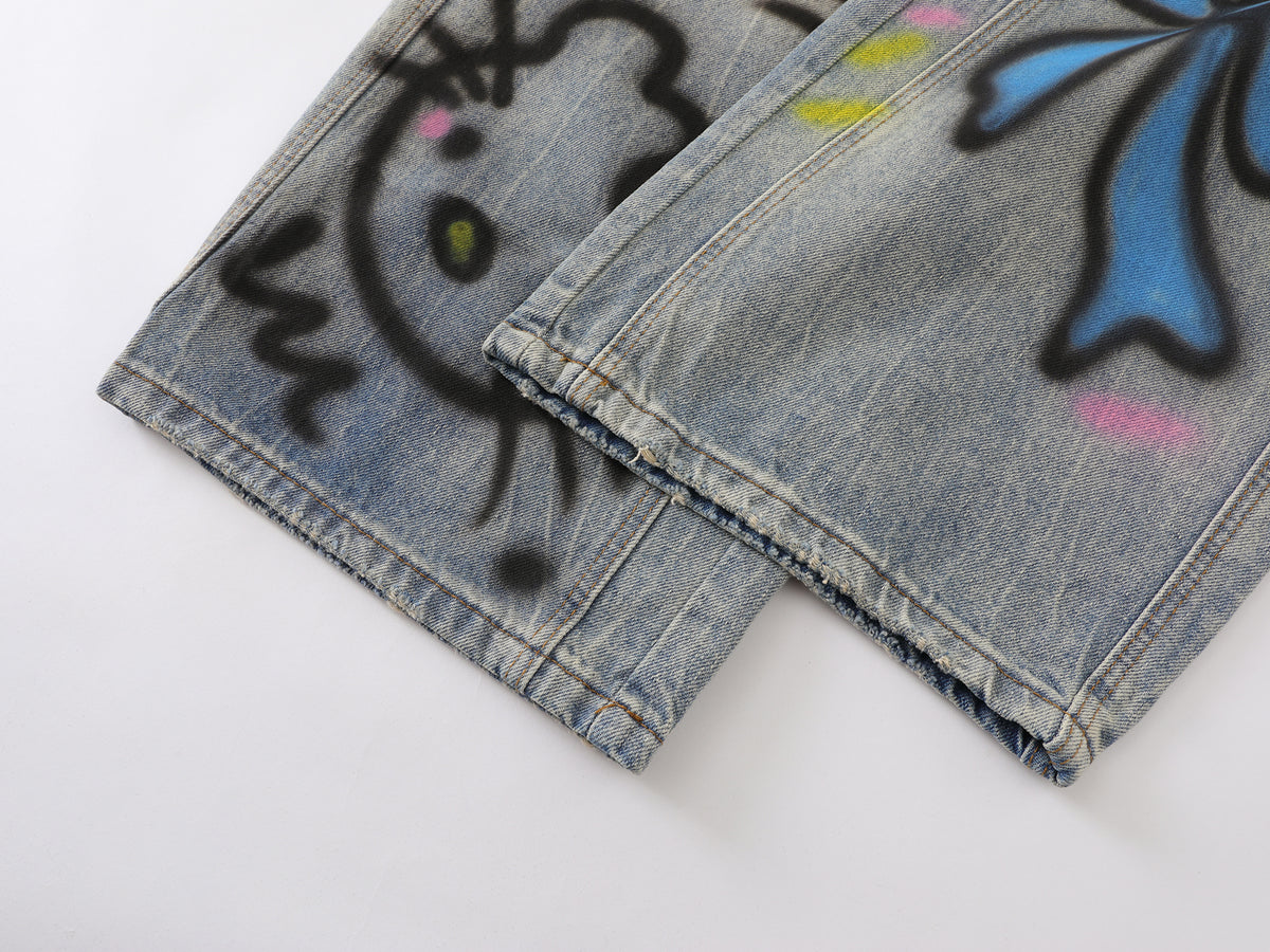 Candrala Kitty Airbrush Graffiti Curved Baggy Jeans - Seldom Seen Styles