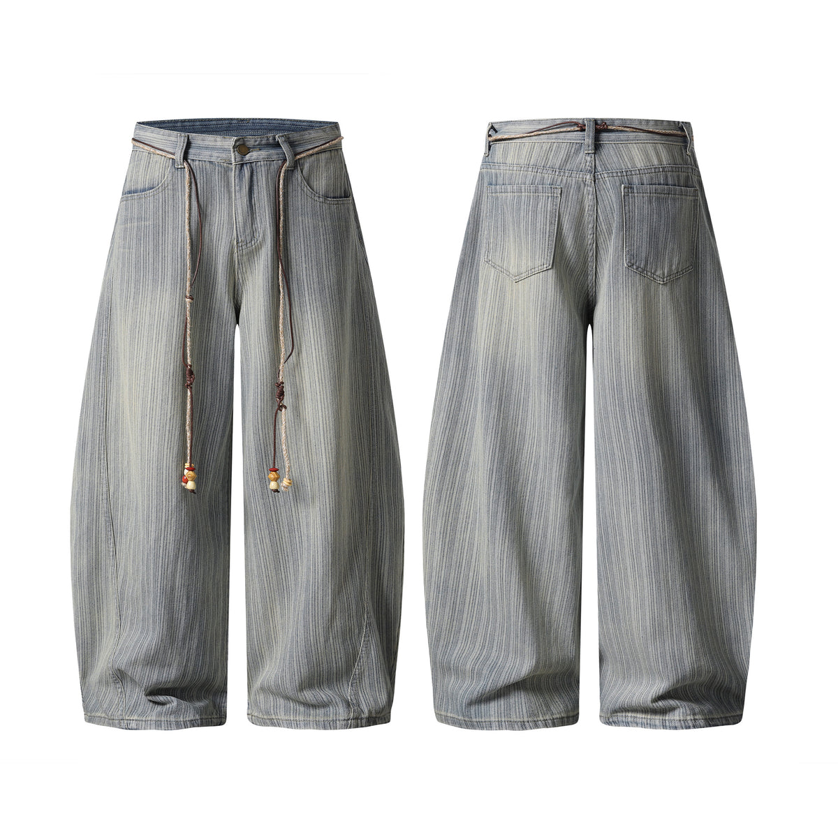 Candrala Striped Tassel Cord Curved Baggy Jeans - Seldom Seen Styles
