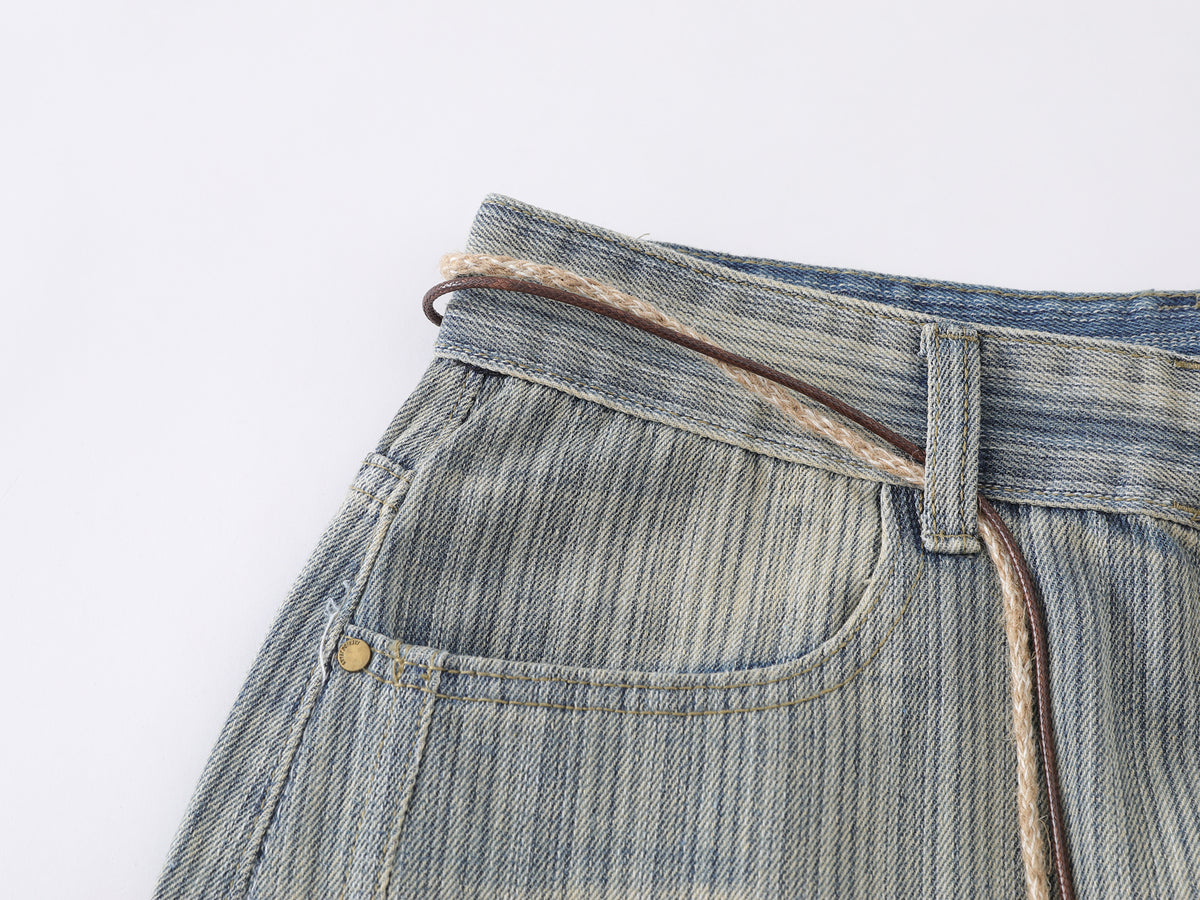 Candrala Striped Tassel Cord Curved Baggy Jeans - Seldom Seen Styles