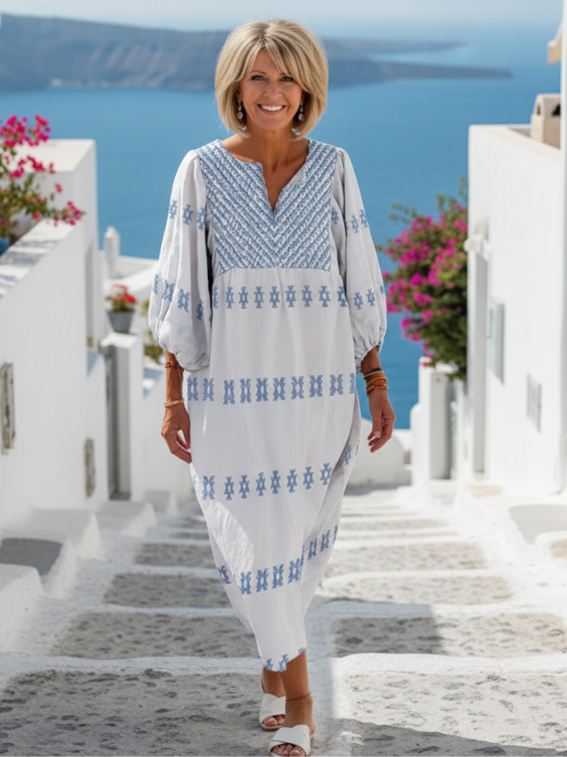 Carina | Embroidered V Neck Maxi Dress - Loose Cotton Linen Long Sleeve - Seldom Seen Styles