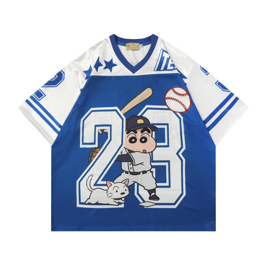 Cartoon Baseball Print Short Sleeve T-Shirt Unisex Loose Fit American Streetwear Casual Couple Graphic Tee | Ball Toon - Seldom Seen Styles