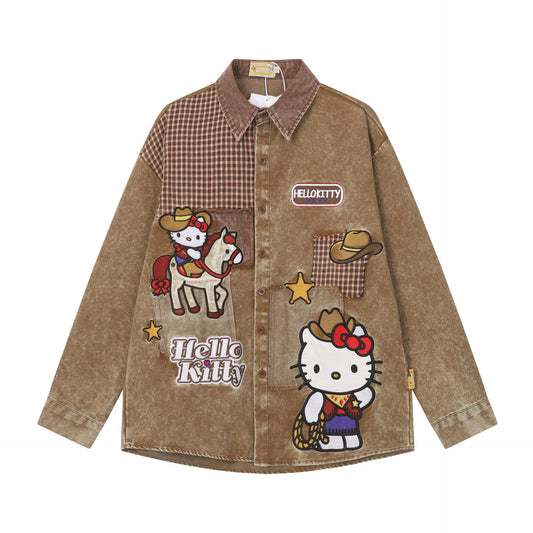 Cartoon Embroidered Long Sleeve Denim Shirt Loose Fit Wasteland Western Retro Couple Casual Streetwear Button-Up | Toon Denim Shirt - Seldom Seen Styles