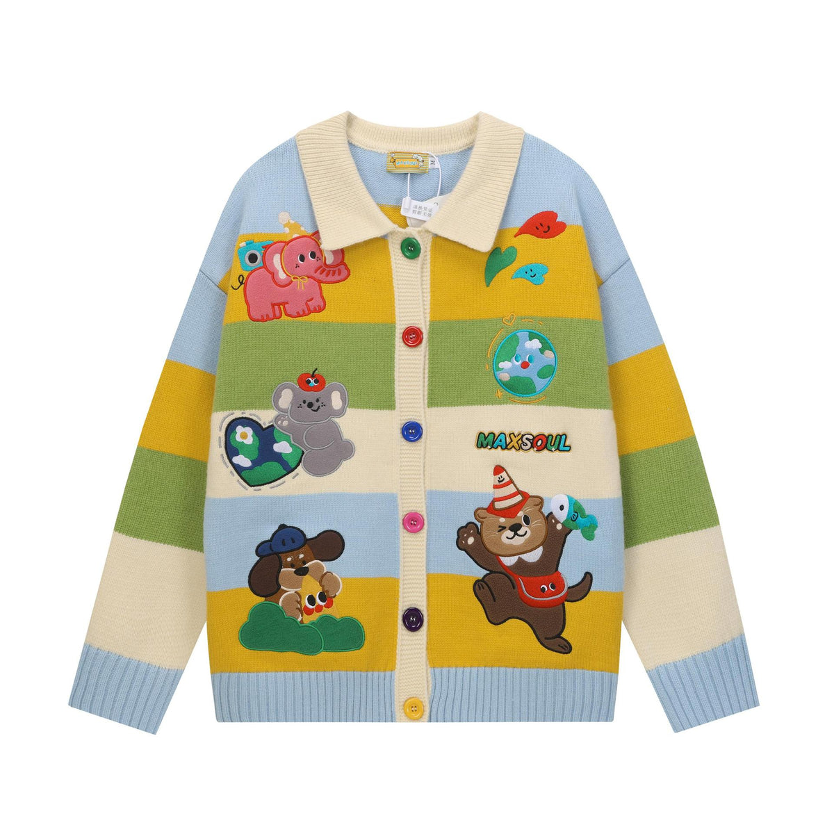 Cartoon Embroidery Colorful Striped Knit Cardigan Loose Fit Couple Casual Japanese Style Sweater Jacket | Stripe Toon Cardigan - Seldom Seen Styles