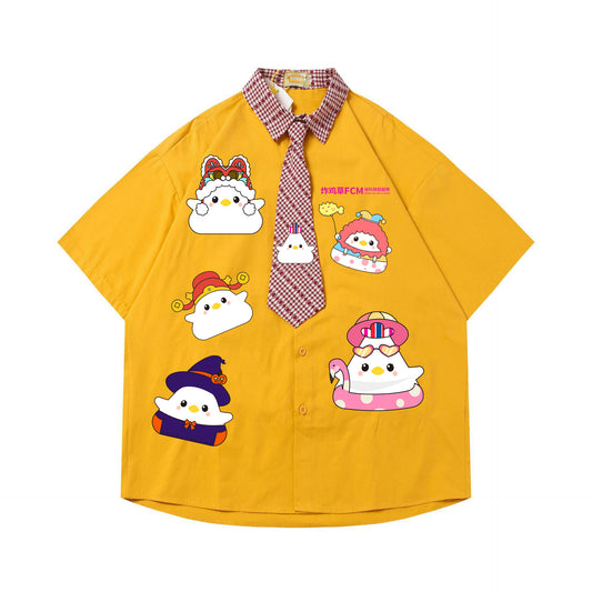 Cartoon Embroidery Short Sleeve Shirt Unisex Loose Fit Tie-Neck Casual Couple Streetwear Top | Tie Stitch - Seldom Seen Styles