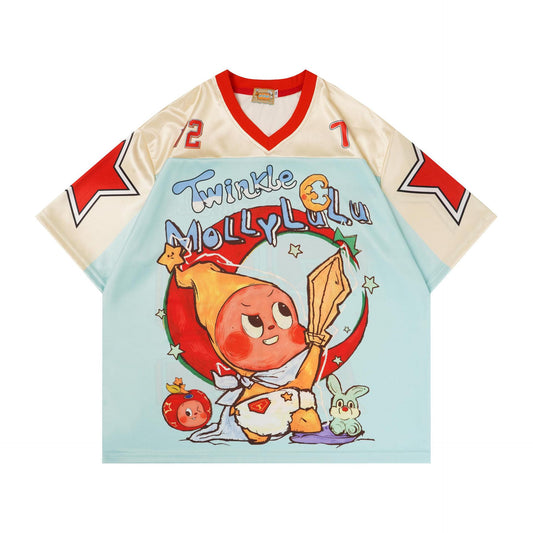 Cartoon Print V-Neck Short Sleeve T-Shirt Retro Animation Loose Fit Casual Streetwear Couple Summer Jersey Tee | Toon V Tee - Seldom Seen Styles