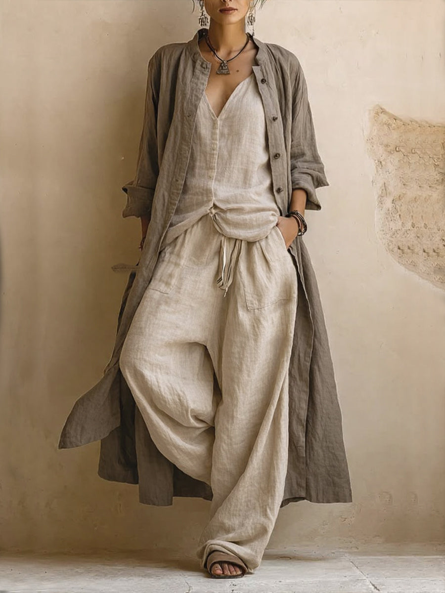 Casual Bohemian Linen And Cotton Long Cardigan And Sleeveless Top And Pants Three-piece Set - Seldom Seen Styles