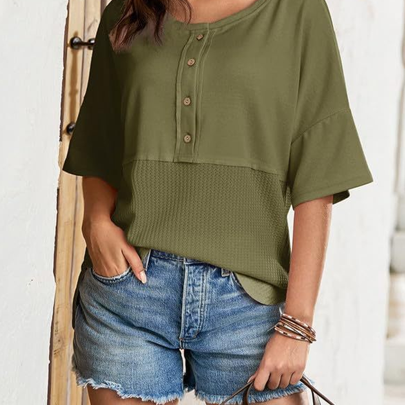 Casual Button Down Waffle Knit Top - Seldom Seen Styles