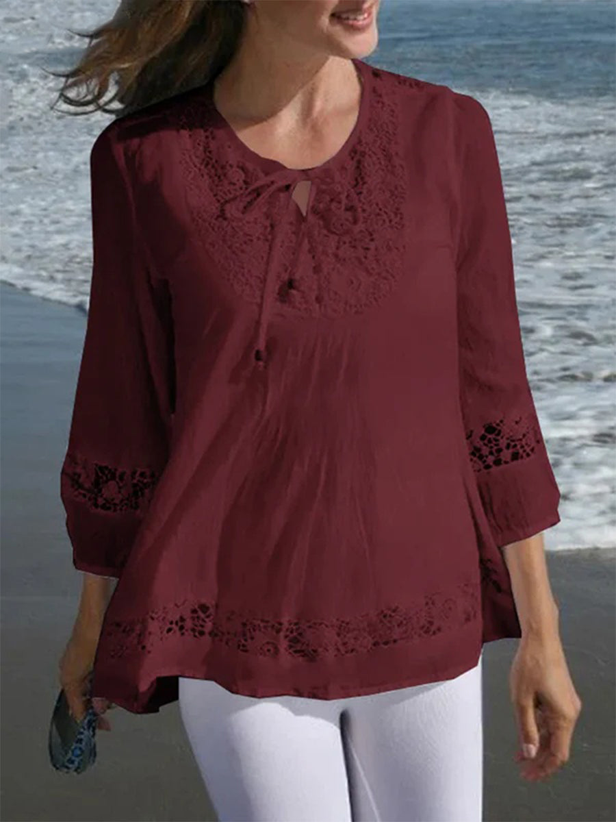 Casual Crew Neck  3/4 Sleeve Lace Shirt - Seldom Seen Styles