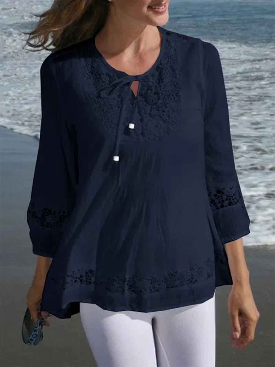 Casual Crew Neck  3/4 Sleeve Lace Shirt - Seldom Seen Styles