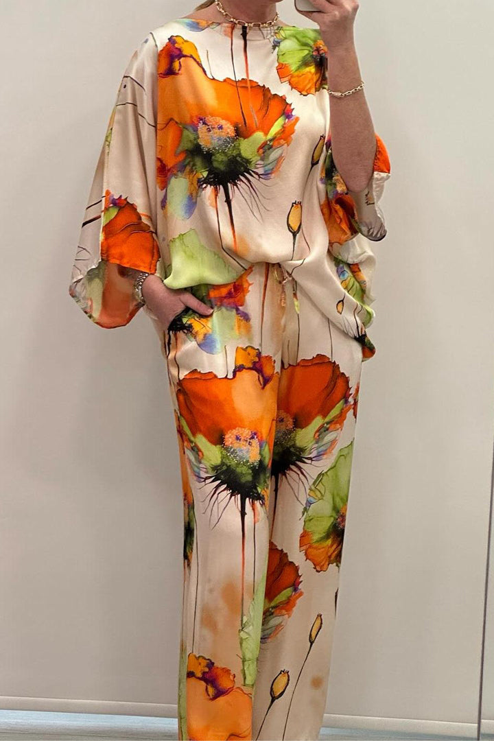 Casual Crew Neck Printed Satin Suit - Seldom Seen Styles