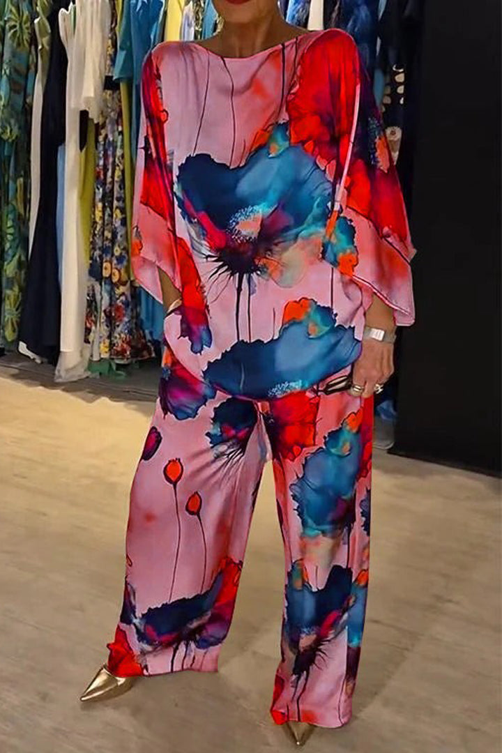 Casual Crew Neck Printed Satin Suit - Seldom Seen Styles