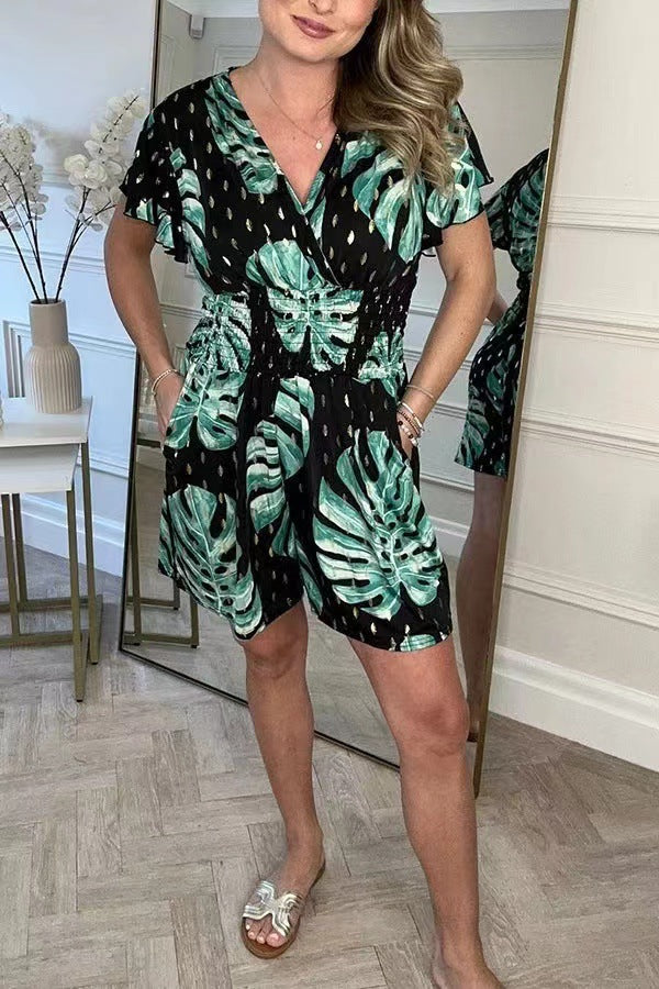 Casual Floral Polka Dot Pocket Rompers, Casual Floral Polka Dot Rompers, Elastic Waist Wide Leg Shorts Jumpsuits - Seldom Seen Styles