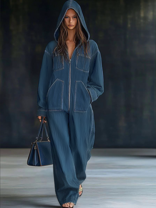 Casual Loose Retro Pocket Long Sleeve Hooded Zipper Denim Jumpsuit - Seldom Seen Styles