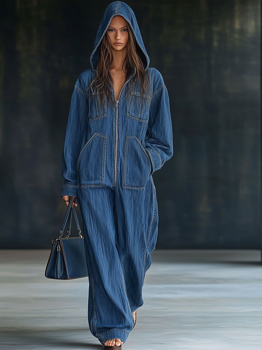 Casual Loose Retro Pocket Long Sleeve Hooded Zipper Denim Jumpsuit - Seldom Seen Styles