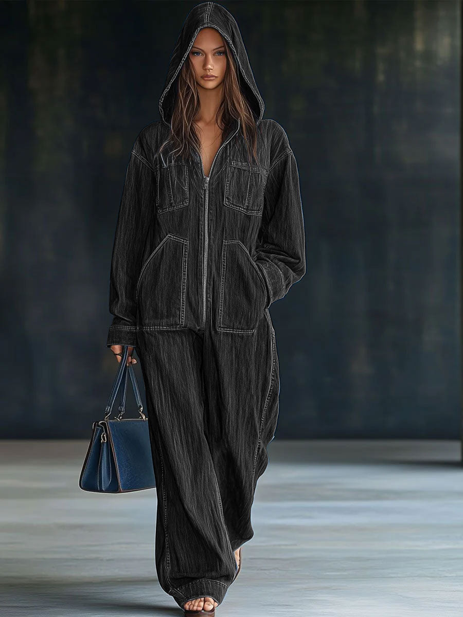 Casual Loose Retro Pocket Long Sleeve Hooded Zipper Denim Jumpsuit - Seldom Seen Styles