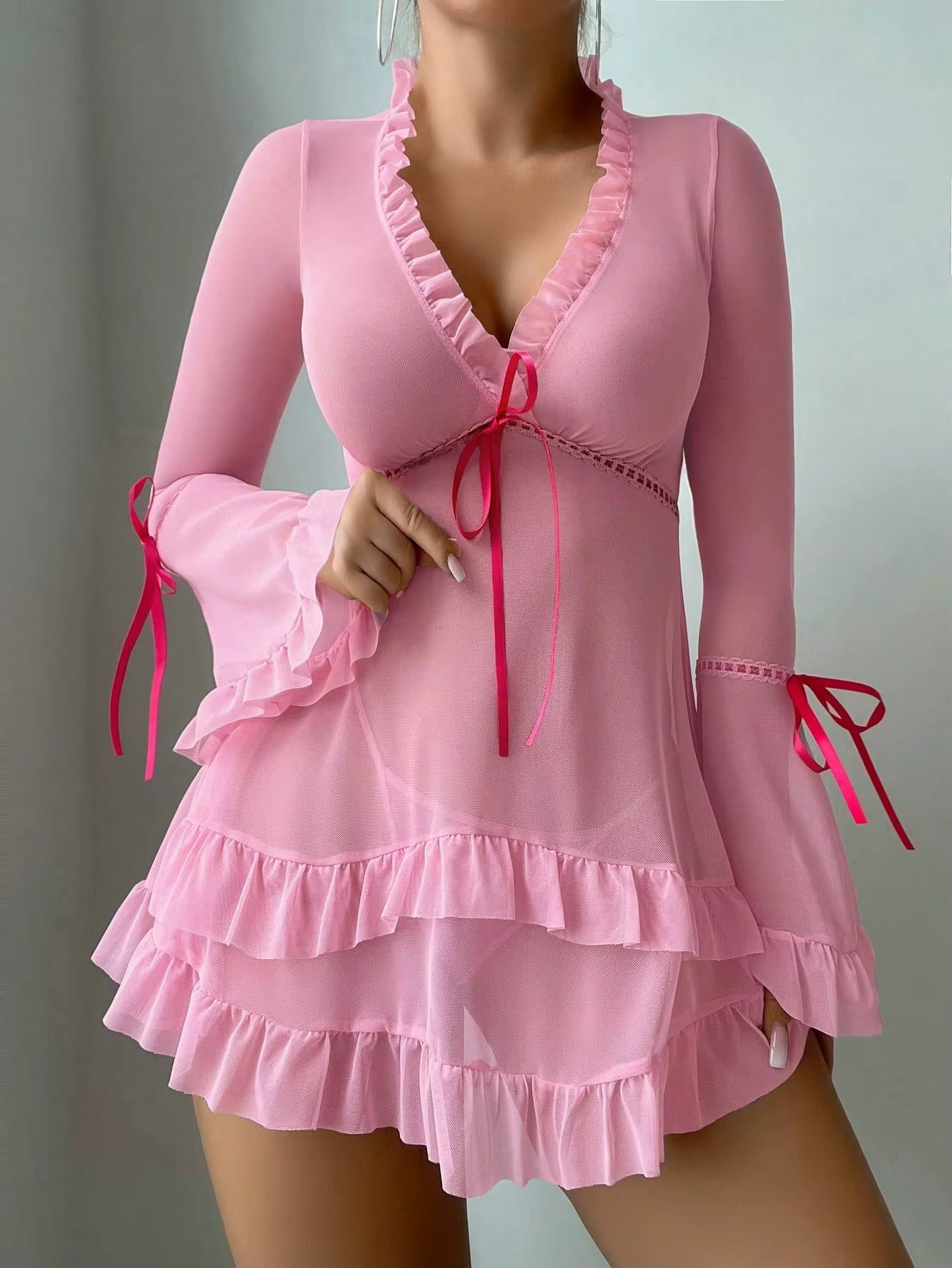 Casual Ruffles Flare Sleeve Frill Trim Deep-V Neck Short Mini Dresses - Seldom Seen Styles
