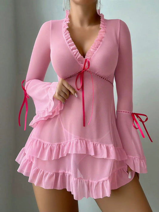 Casual Ruffles Flare Sleeve Frill Trim Deep-V Neck Short Mini Dresses