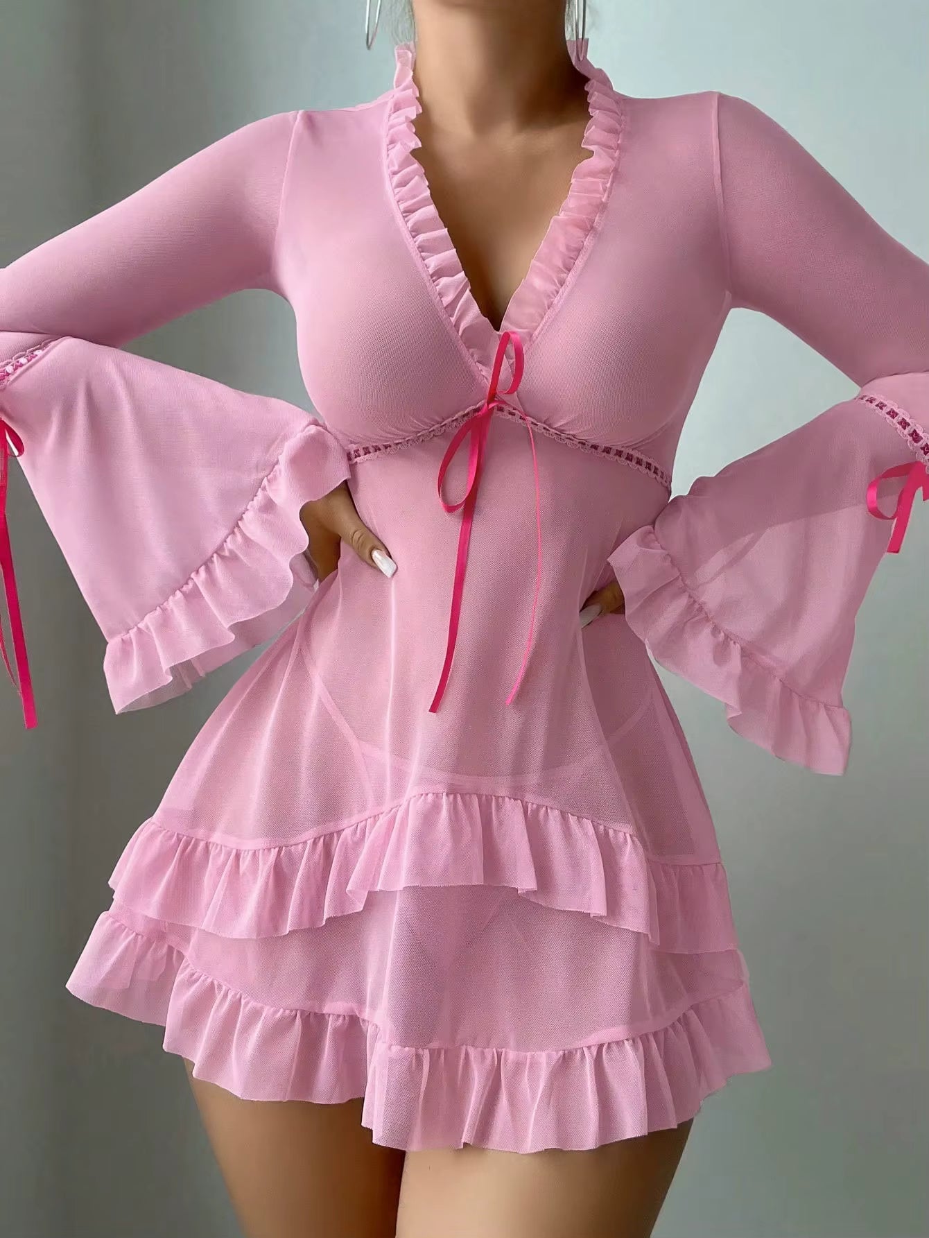 Casual Ruffles Flare Sleeve Frill Trim Deep-V Neck Short Mini Dresses - Seldom Seen Styles
