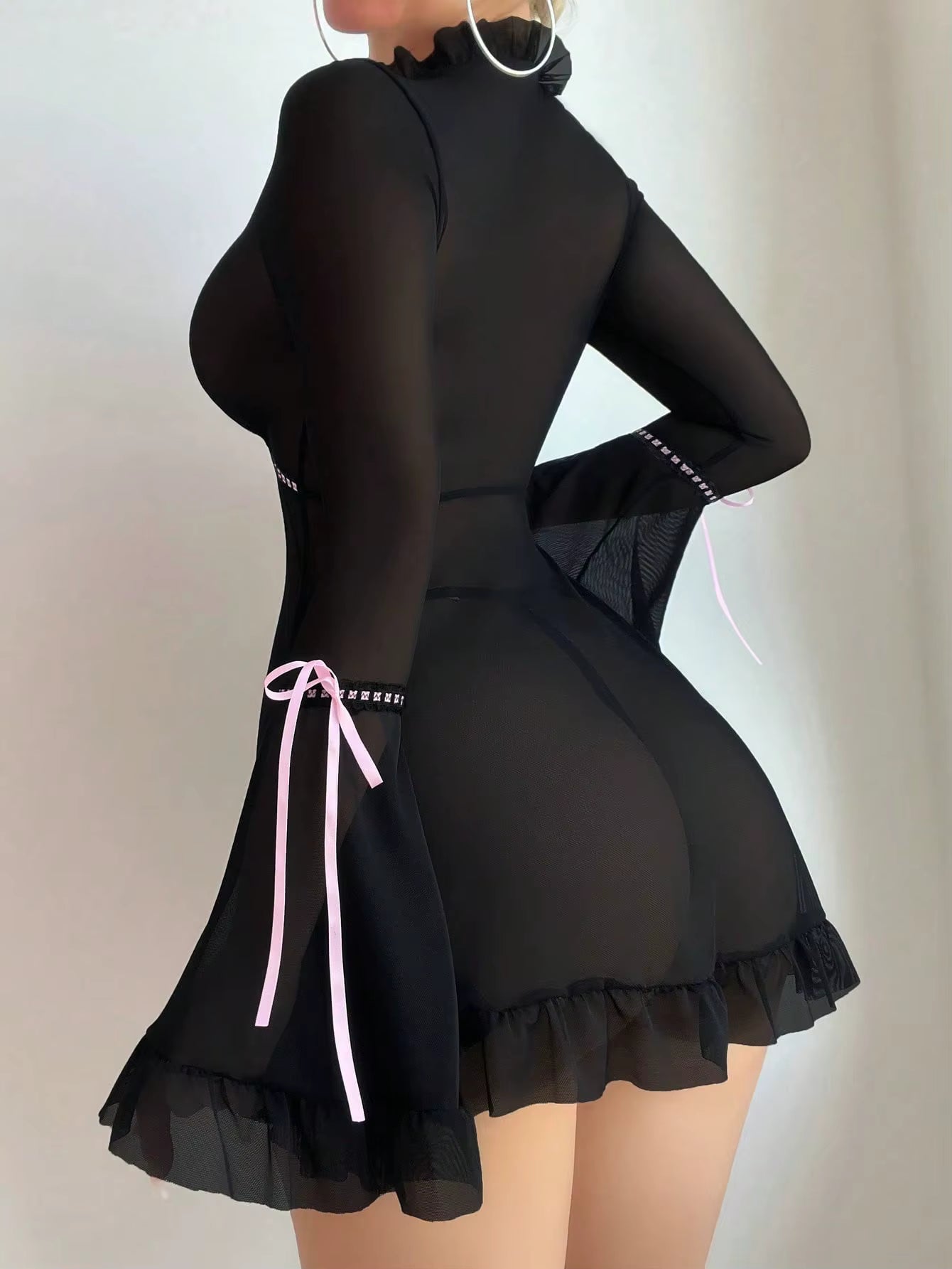Casual Ruffles Flare Sleeve Frill Trim Deep-V Neck Short Mini Dresses - Seldom Seen Styles