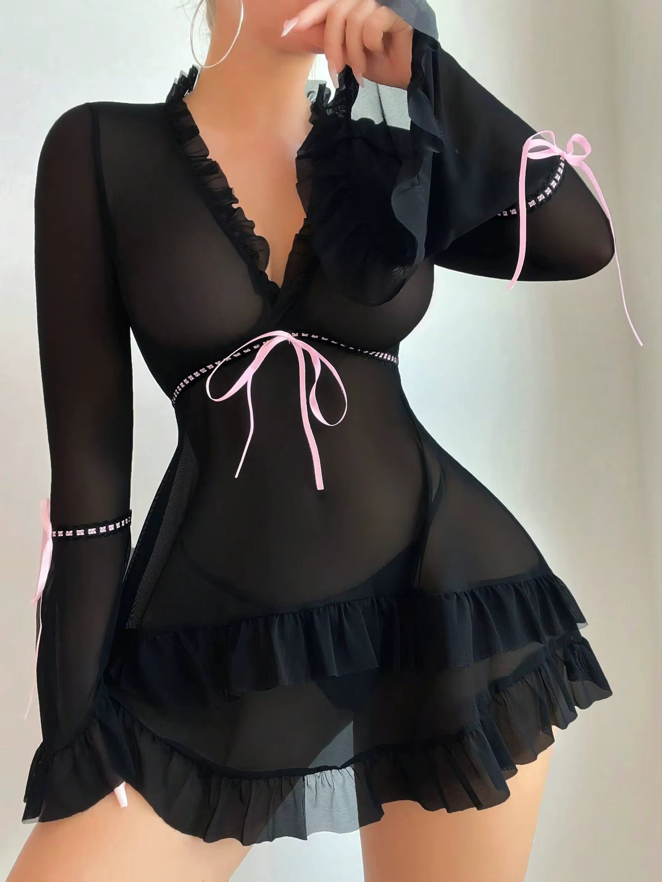 Casual Ruffles Flare Sleeve Frill Trim Deep-V Neck Short Mini Dresses - Seldom Seen Styles