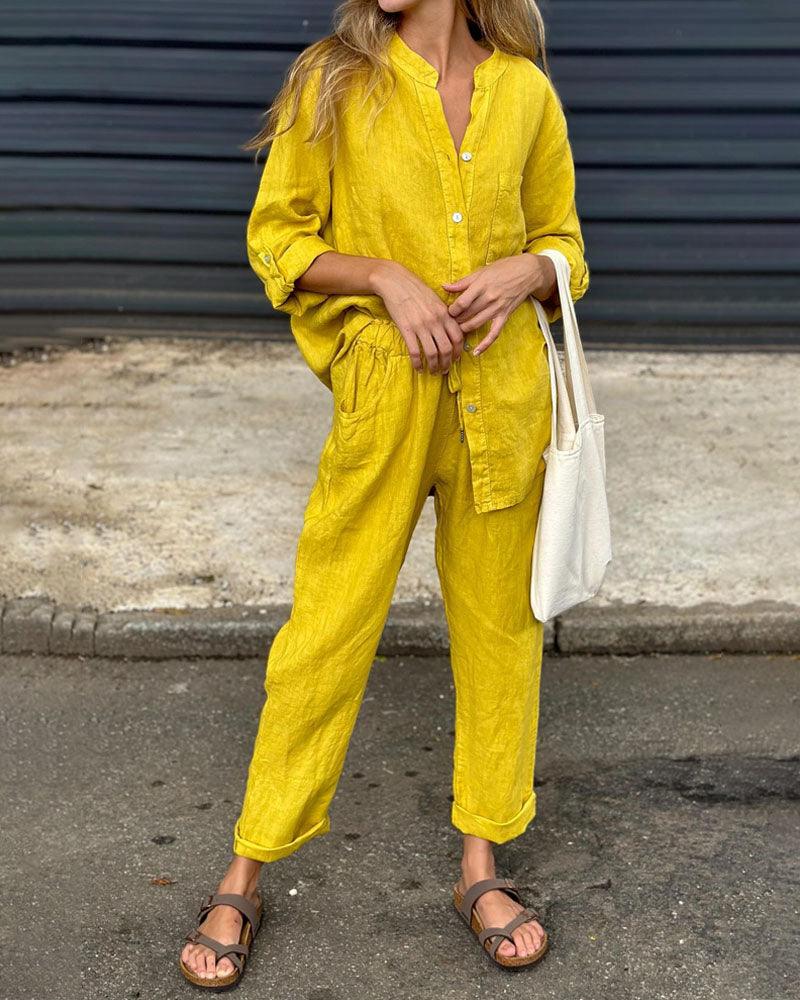 Casual Solid Color V-Neck Shirt & Pants Cotton Linen Two-Piece Set - Seldom Seen Styles