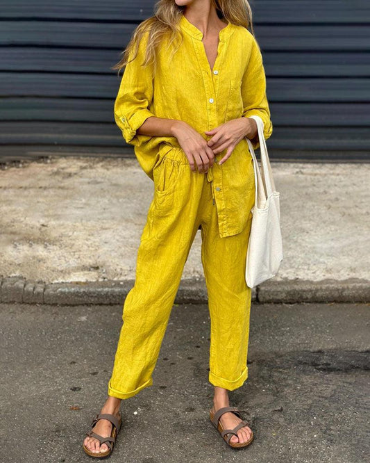Casual Solid Color V-Neck Shirt & Pants Cotton Linen Two-Piece Set - Seldom Seen Styles