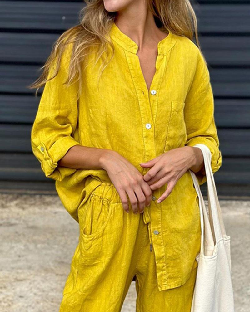 Casual Solid Color V-Neck Shirt & Pants Cotton Linen Two-Piece Set - Seldom Seen Styles