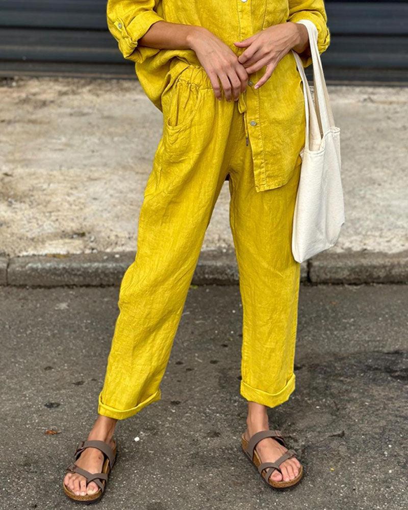 Casual Solid Color V-Neck Shirt & Pants Cotton Linen Two-Piece Set - Seldom Seen Styles