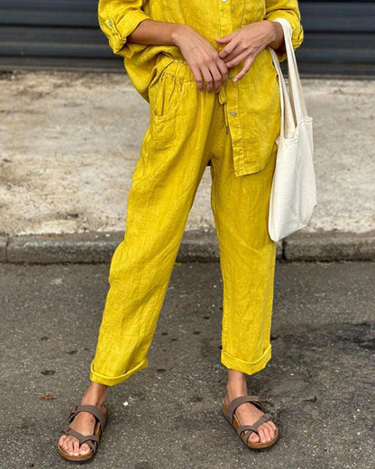 Ensemble décontracté deux pièces en coton et lin, chemise et pantalon, couleur unie, col en V