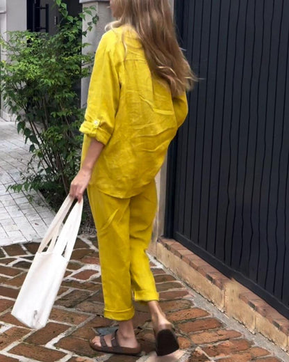 Ensemble décontracté deux pièces en coton et lin, chemise et pantalon, couleur unie, col en V