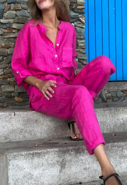 Ensemble décontracté deux pièces en coton et lin, chemise et pantalon, couleur unie, col en V