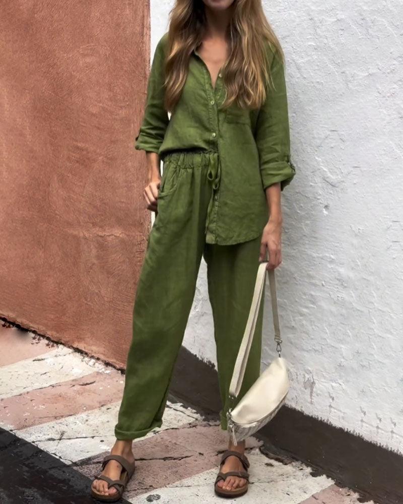 Casual Solid Color V-Neck Shirt & Pants Cotton Linen Two-Piece Set - Seldom Seen Styles